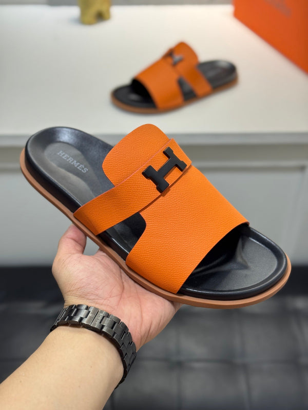 HM Oran H Noir Buckle Slippers in Orange Cowhide 735259