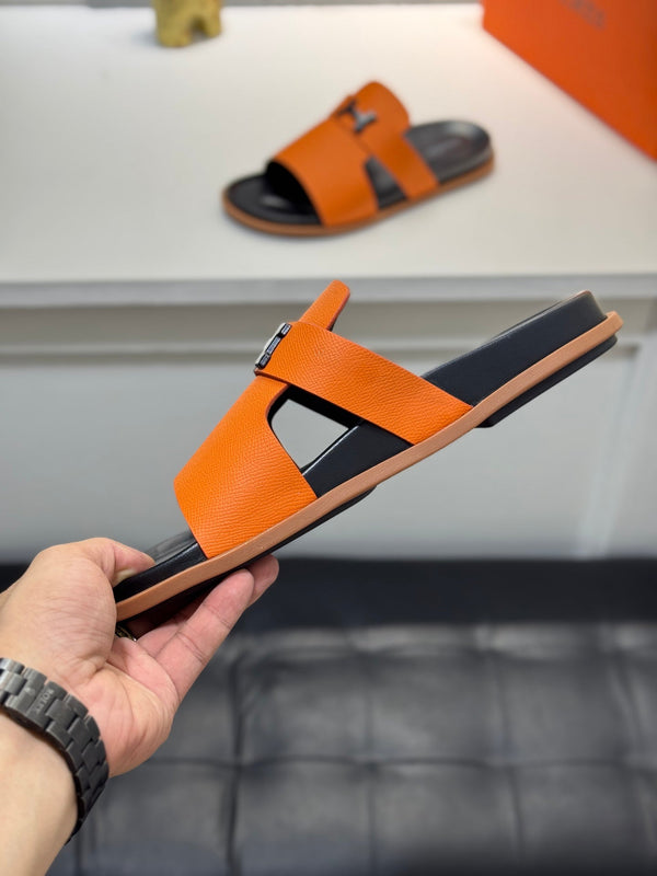 HM Oran H Noir Buckle Slippers in Orange Cowhide 735259