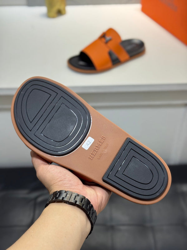 HM Oran H Noir Buckle Slippers in Orange Cowhide 735259