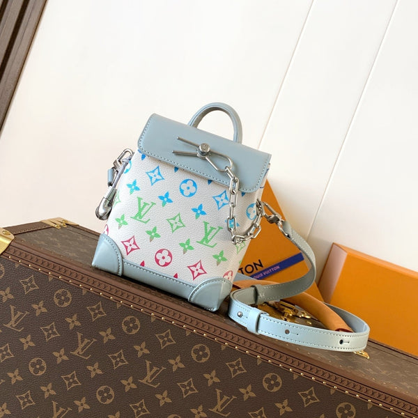 LV M13905 Nano Steamer Bag 15cm Solf Blue White Monogram Silver HW