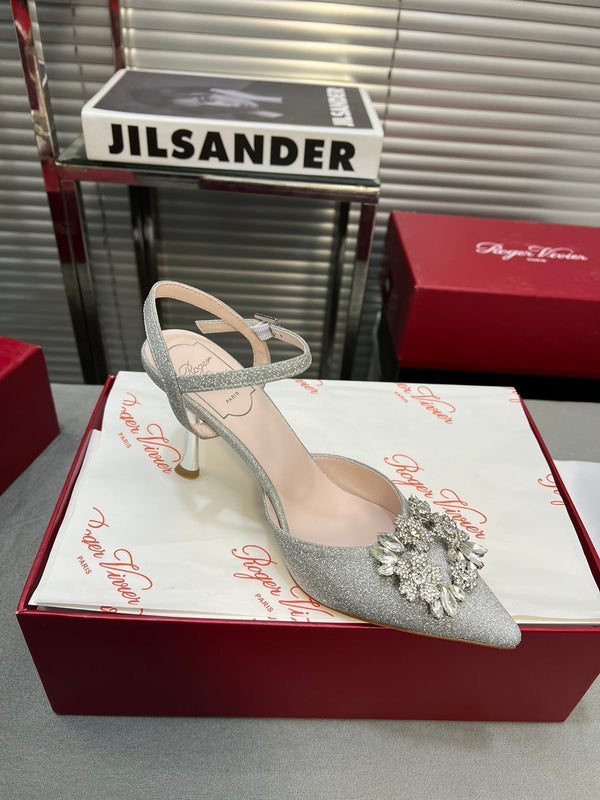 Flower Strass Buckle Slingback Pump 90 Grey Crystal Satin