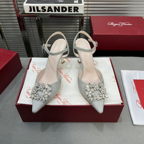 Flower Strass Buckle Slingback Pump 90 Grey Crystal Satin