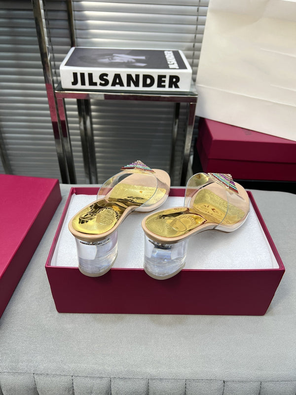 Heeled Sandals 6cm with Crystal Square Buckle Gold and Beige