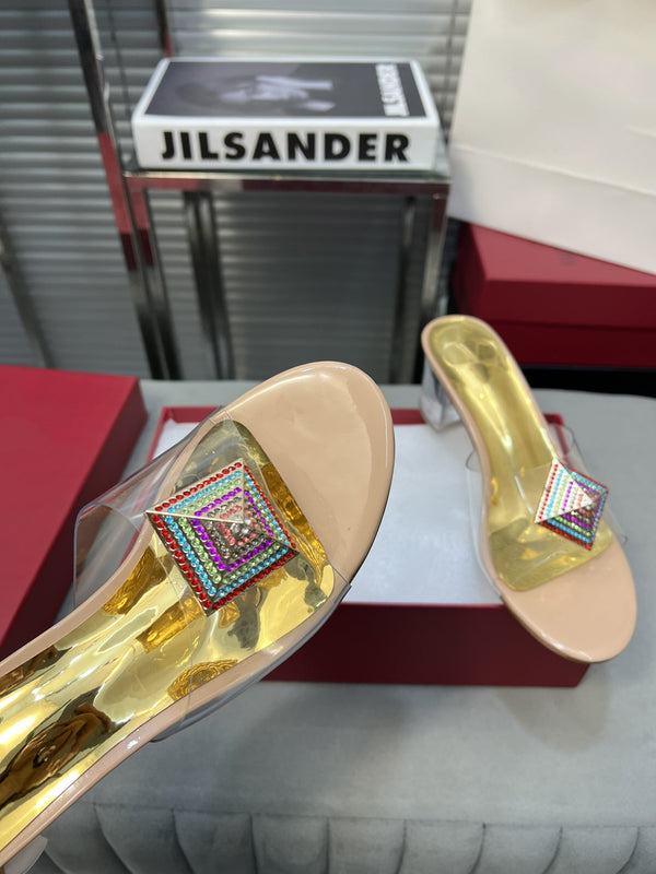 Heeled Sandals 6cm with Crystal Square Buckle Gold and Beige