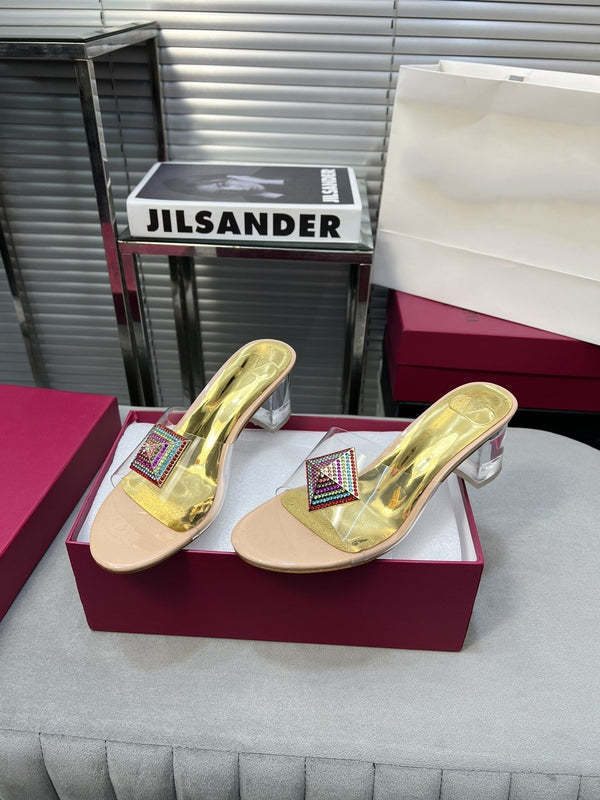 Heeled Sandals 6cm with Crystal Square Buckle Gold and Beige