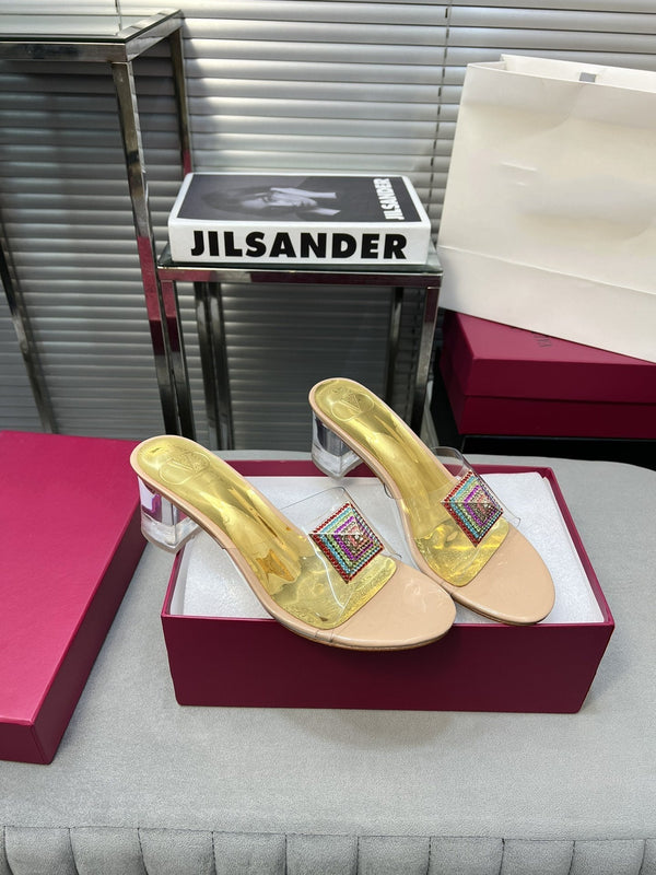 Heeled Sandals 6cm with Crystal Square Buckle Gold and Beige