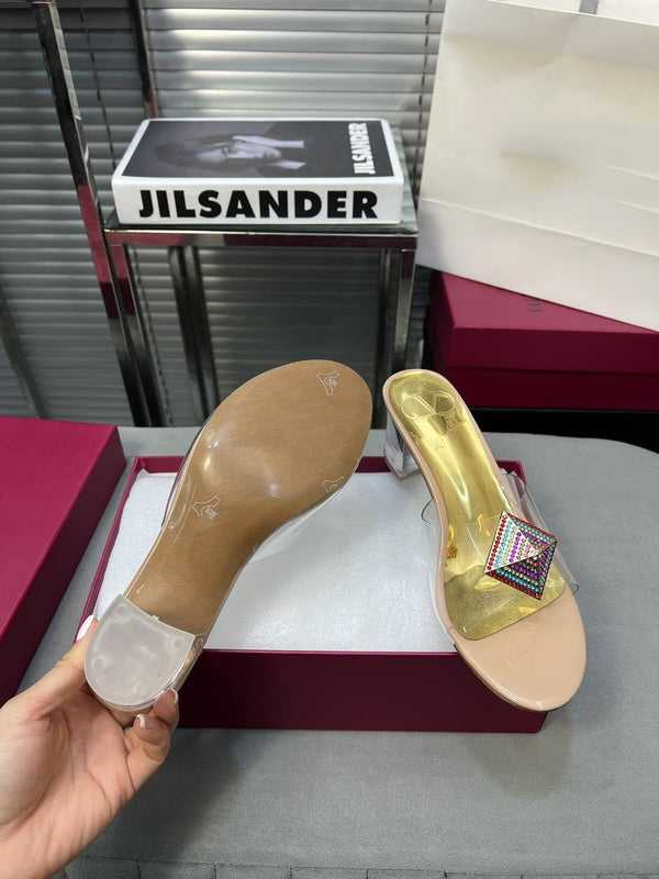 Heeled Sandals 6cm with Crystal Square Buckle Gold and Beige