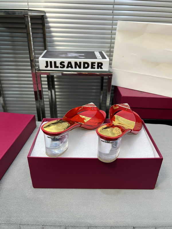 Heeled Sandals 6cm with Crystal Square Buckle Gold and Red