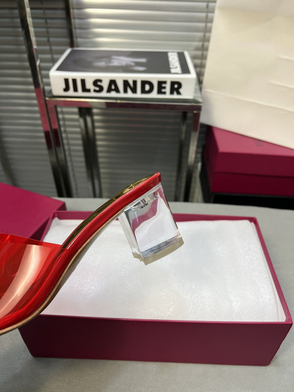 Heeled Sandals 6cm with Crystal Square Buckle Gold and Red