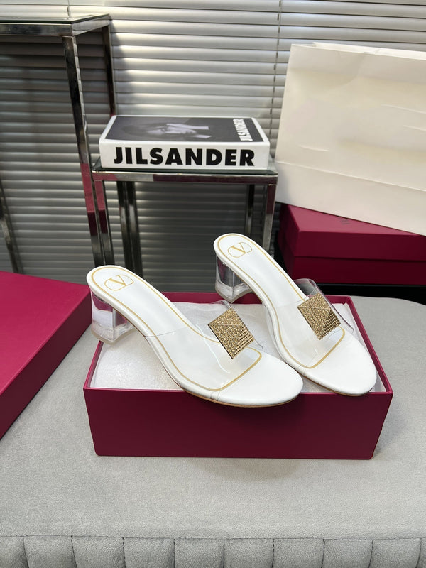 Heeled Sandals 6cm with Crystal Square Buckle White