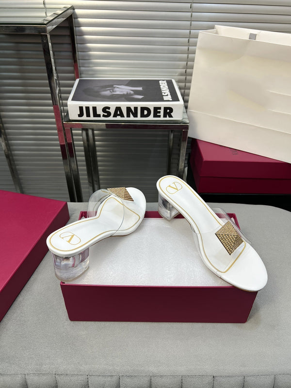 Heeled Sandals 6cm with Crystal Square Buckle White