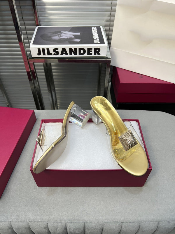 Heeled Sandals 6cm with Crystal Square Buckle Gold