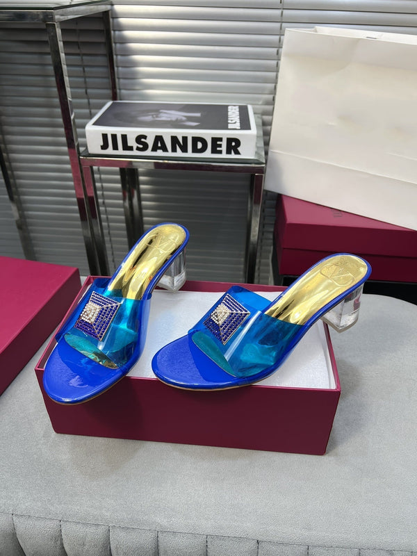Heeled Sandals 6cm with Crystal Square Buckle Gold and Blue