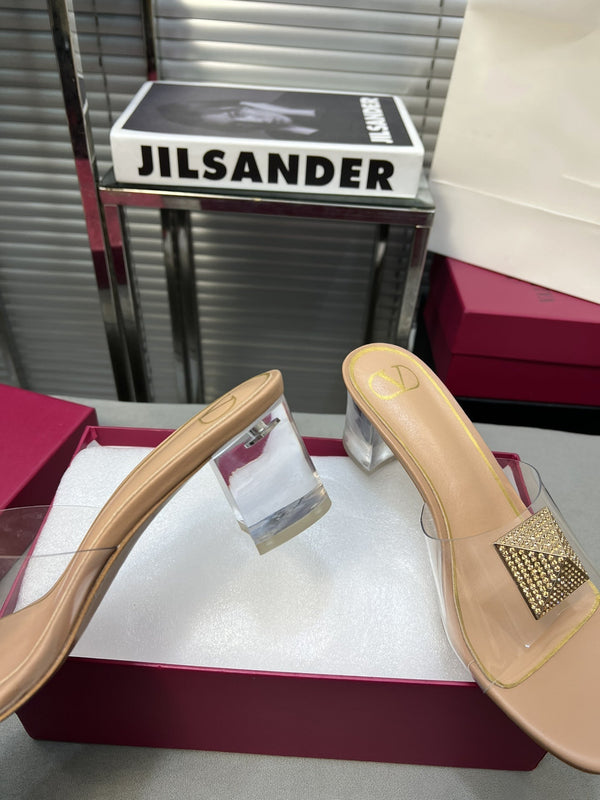 Heeled Sandals 6cm with Crystal Square Buckle Beige