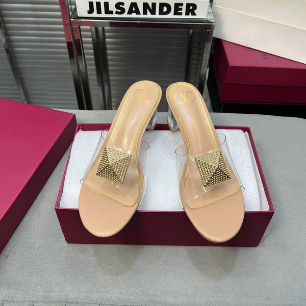 Heeled Sandals 6cm with Crystal Square Buckle Beige