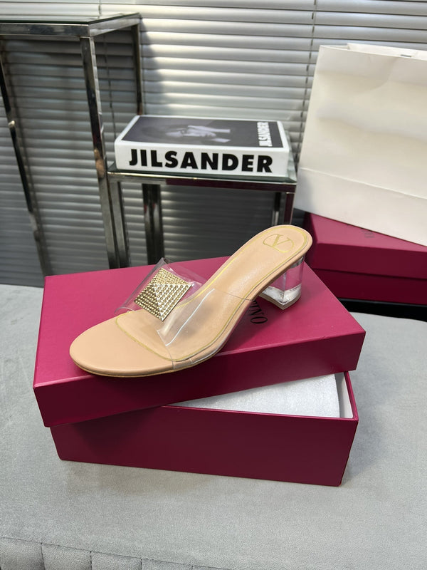 Heeled Sandals 6cm with Crystal Square Buckle Beige