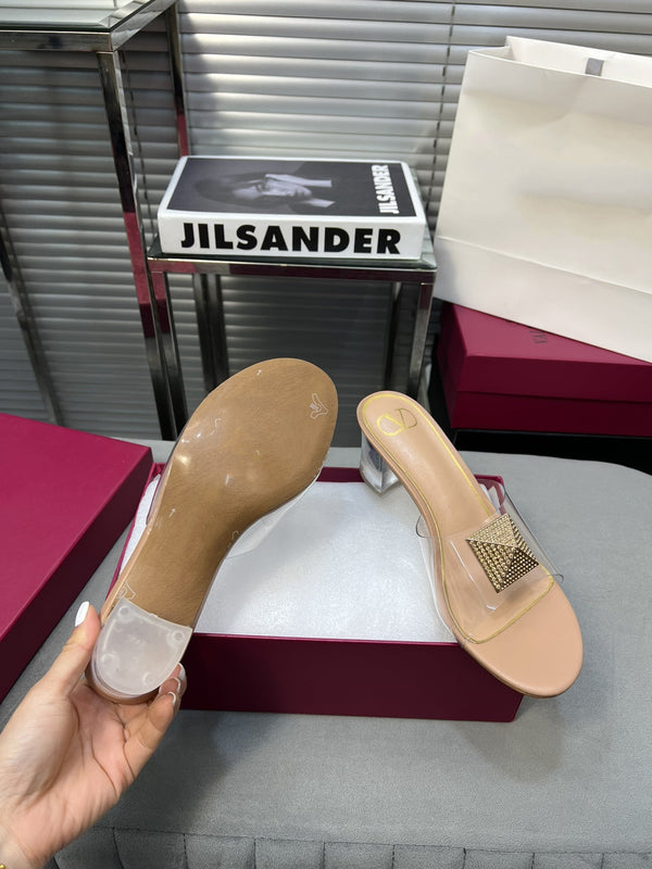 Heeled Sandals 6cm with Crystal Square Buckle Beige