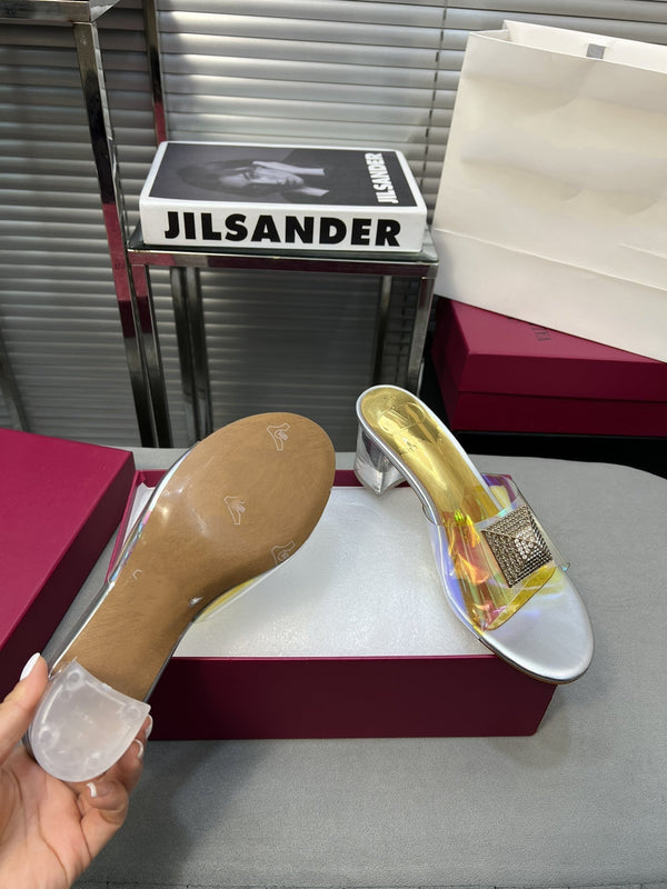 Heeled Sandals 6cm with Crystal Square Buckle Gold and Silver