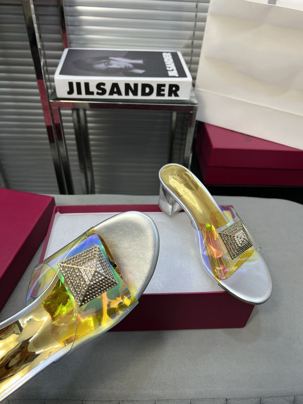 Heeled Sandals 6cm with Crystal Square Buckle Gold and Silver