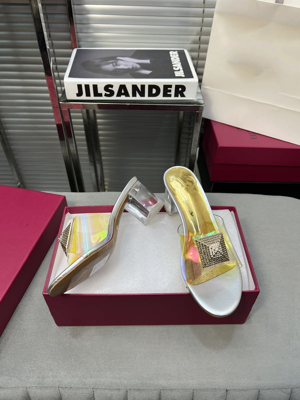 Heeled Sandals 6cm with Crystal Square Buckle Gold and Silver