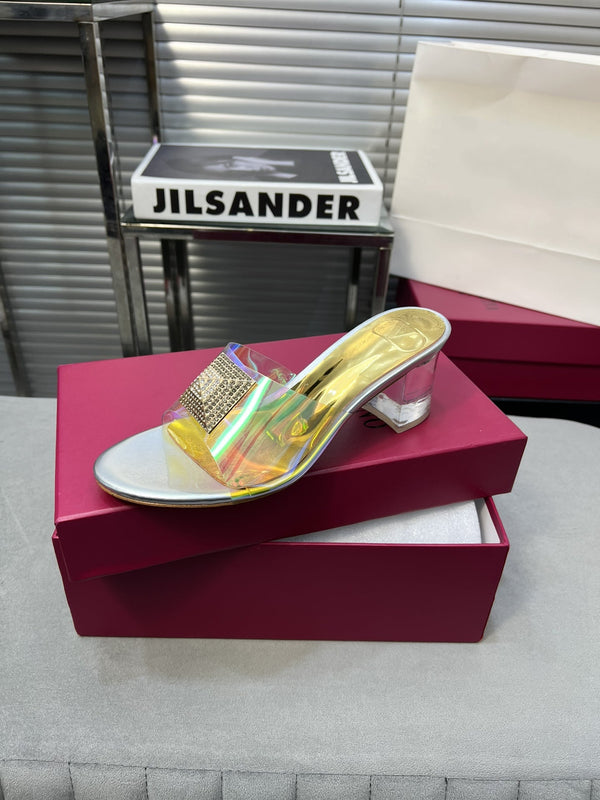 Heeled Sandals 6cm with Crystal Square Buckle Gold and Silver