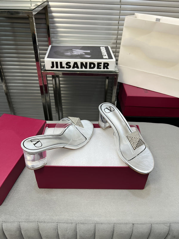 Heeled Sandals 6cm with Crystal Square Buckle Silver