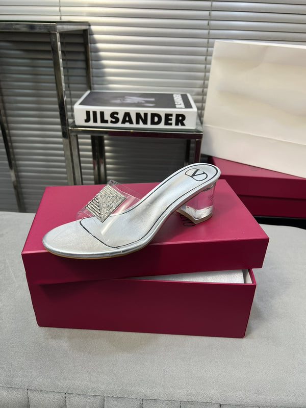 Heeled Sandals 6cm with Crystal Square Buckle Silver