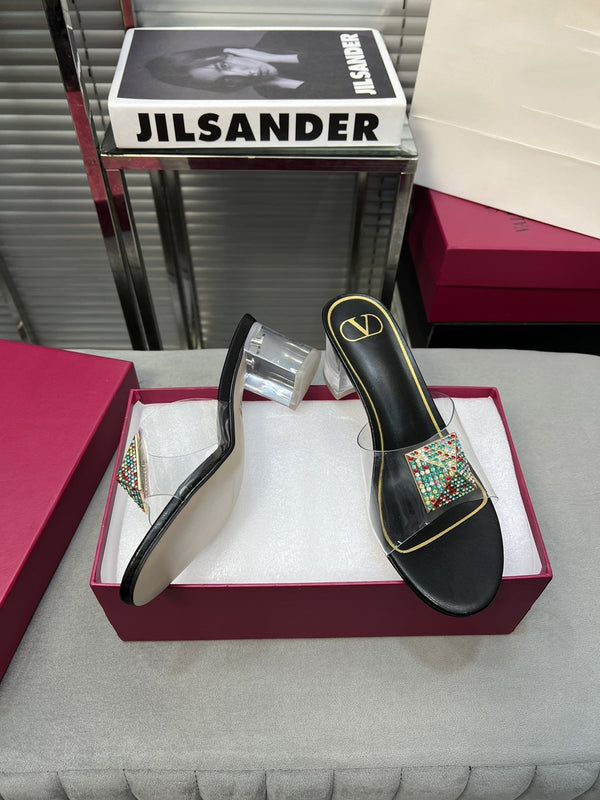 Heeled Sandals 6cm with Crystal Square Buckle Black