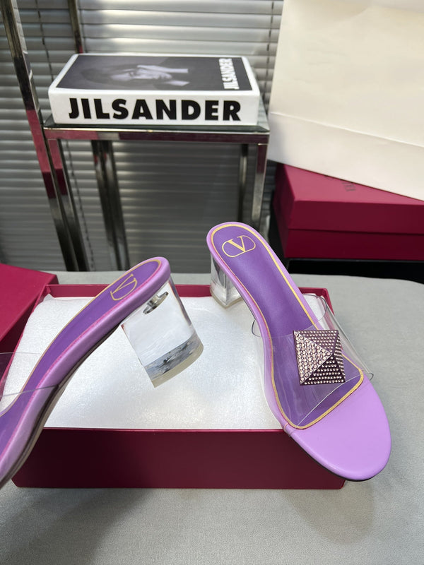 Heeled Sandals 6cm with Crystal Square Buckle Purple