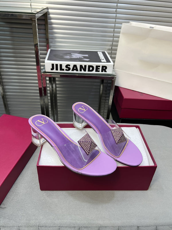 Heeled Sandals 6cm with Crystal Square Buckle Purple