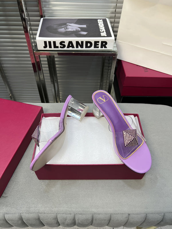 Heeled Sandals 6cm with Crystal Square Buckle Purple