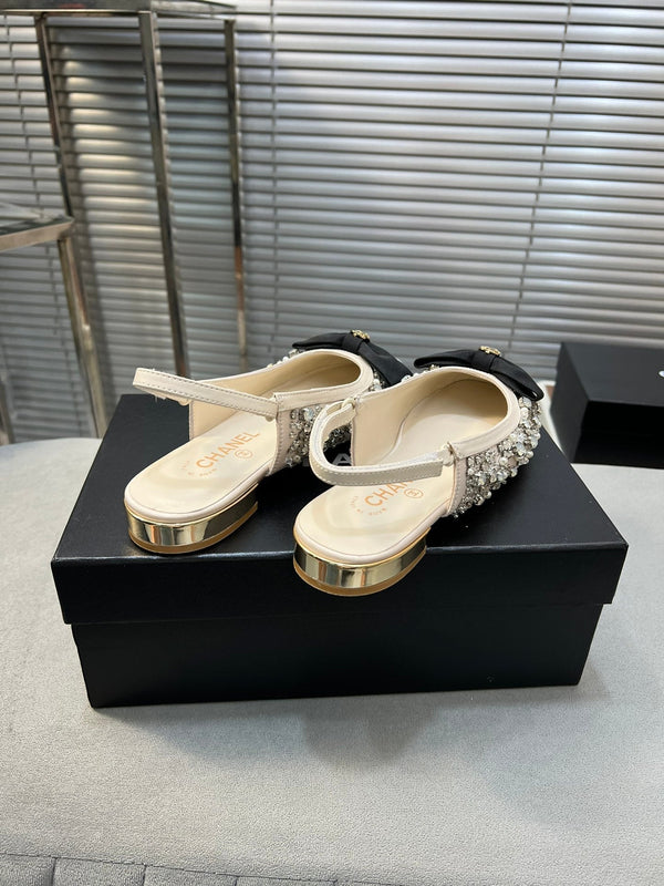 slingbacks flat beige bowl silk diamond buckle