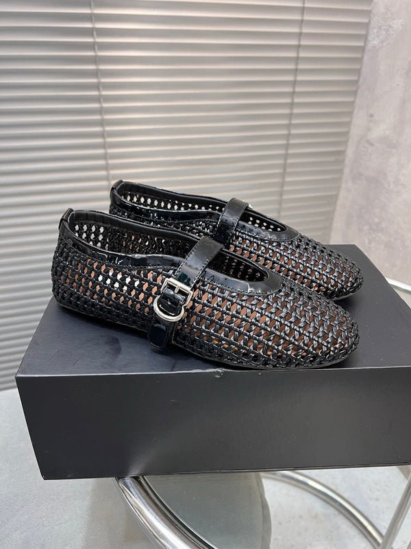 Alaia Braided Hollow Ballet Flats Black Cowhide 300041