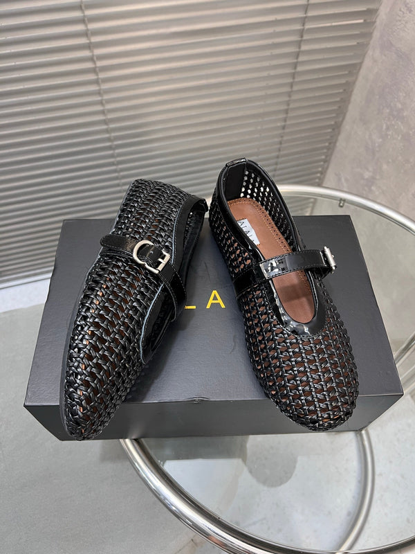 Alaia Braided Hollow Ballet Flats Black Cowhide 300041