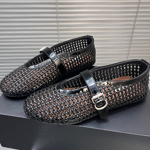 Alaia Braided Hollow Ballet Flats Black Cowhide 300041