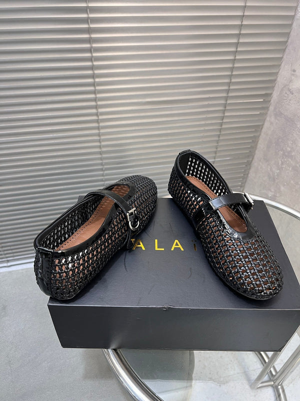 Alaia Braided Hollow Ballet Flats Black Cowhide 300041