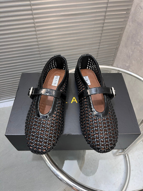 Alaia Braided Hollow Ballet Flats Black Cowhide 300041