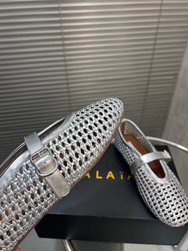 Ballerine Alaia intrecciate in pelle di vacchetta color argento 300042