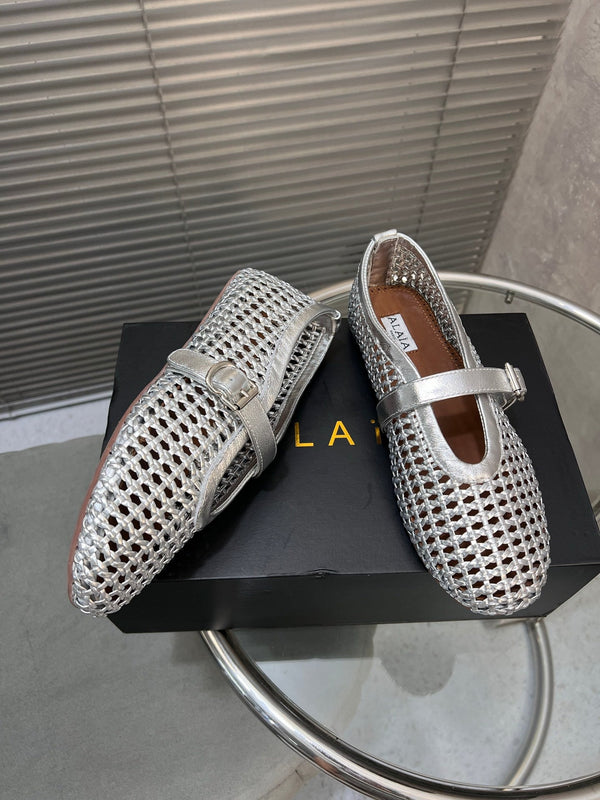 Ballerine Alaia intrecciate in pelle di vacchetta color argento 300042