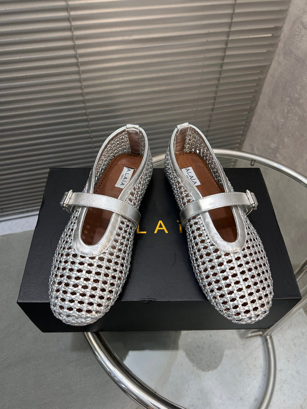 Ballerine Alaia intrecciate in pelle di vacchetta color argento 300042