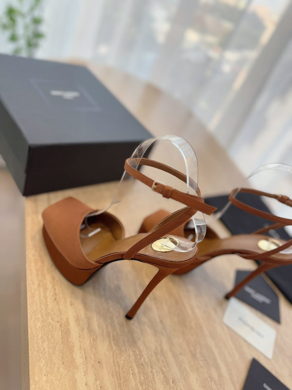 LA SCANDALE HIGH 14 CM PLATFORM SANDALS IN BRONZE BROWN SATIN CREPE