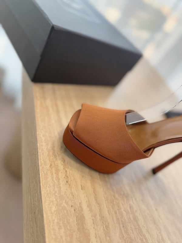 LA SCANDALE HIGH 14 CM PLATFORM SANDALS IN BRONZE BROWN SATIN CREPE