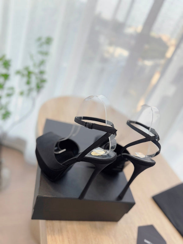 LA SCANDALE HIGH 14 CM PLATFORM SANDALS IN BLACK SATIN CREPE