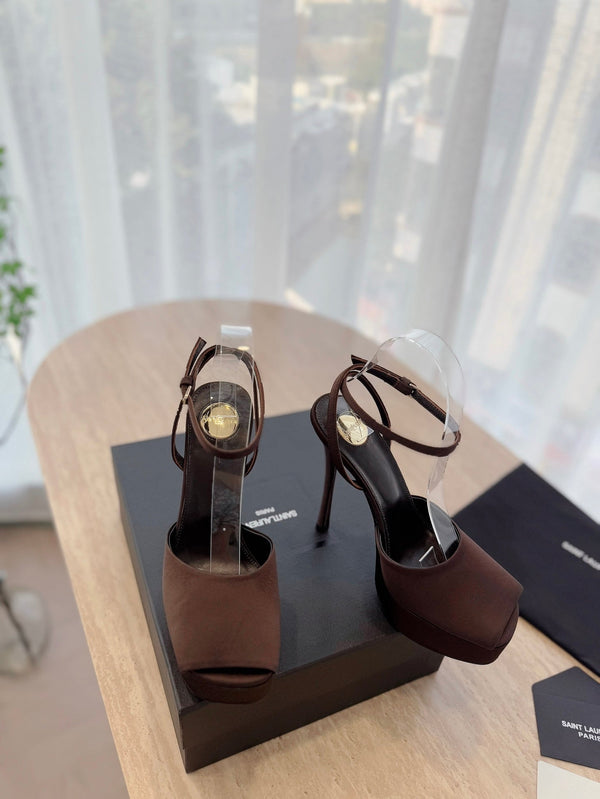 LA SCANDALE HIGH 14 CM PLATFORM SANDALS IN CHOCOLATE BROWN SATIN CREPE