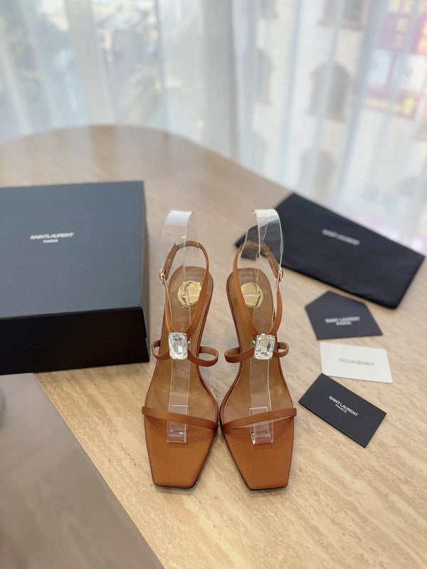 HIGH HEEL SANDAL 10 CM IN BRONZE BROWN SATIN CREPE AND CRYSTAL