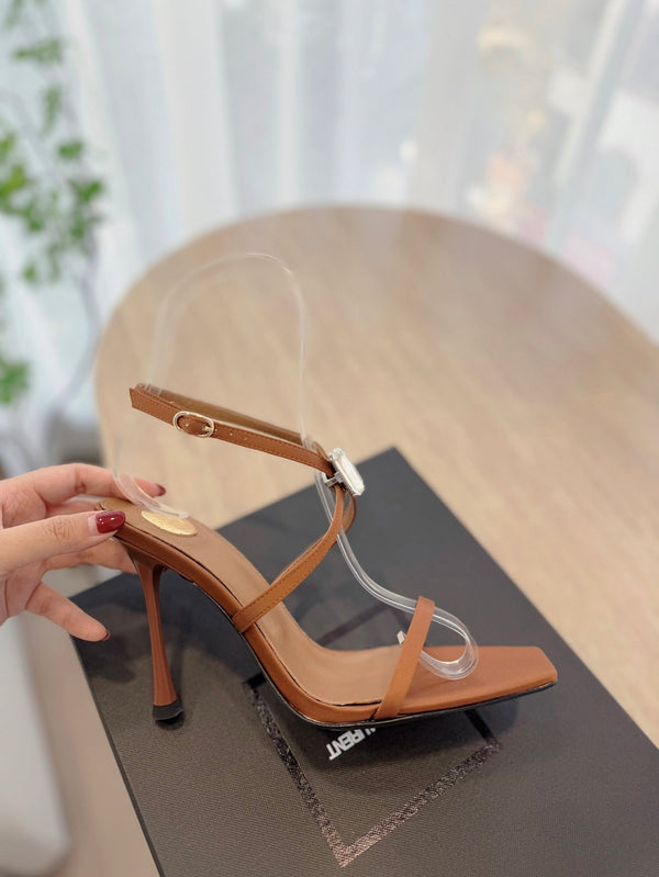 HIGH HEEL SANDAL 10 CM IN BRONZE BROWN SATIN CREPE AND CRYSTAL