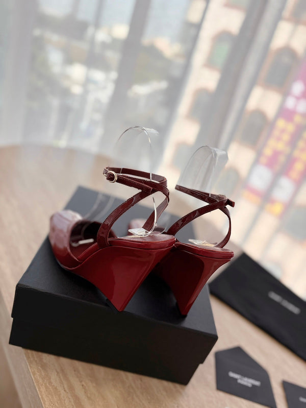 LA SCANDALE HIGH 10 CM WEDGE SANDALS IN CRIMSON RED PATENT LEATHER