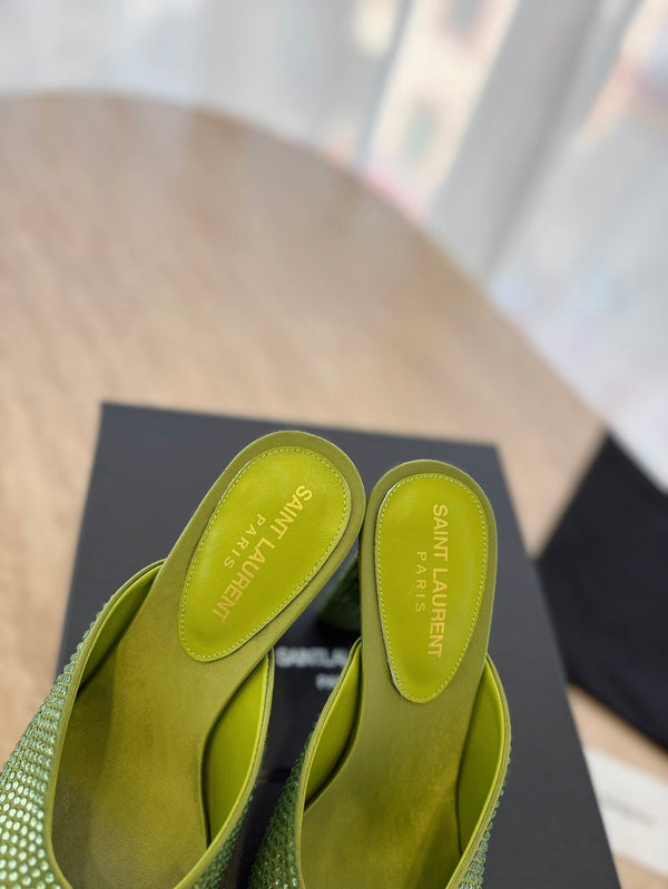 MULE BIONDA CON TACCO ALTO 10 CM IN RASO VERDE OLIVA CON STRASS