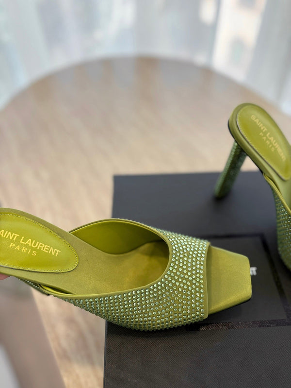 MULE BIONDA CON TACCO ALTO 10 CM IN RASO VERDE OLIVA CON STRASS