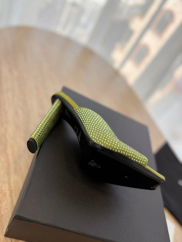 MULE BIONDA CON TACCO ALTO 10 CM IN RASO VERDE OLIVA CON STRASS